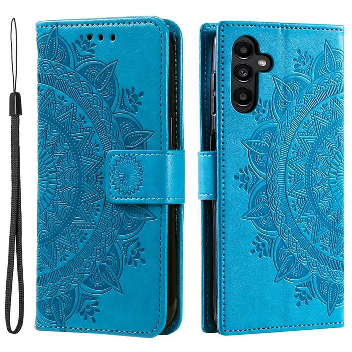 For Samsung Galaxy S24 Leather Case Mandala Flower Wallet Cover with Strap - Blue - 1