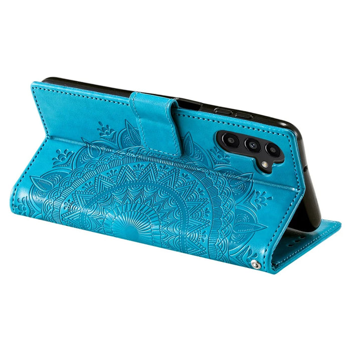 For Samsung Galaxy S24 Leather Case Mandala Flower Wallet Cover with Strap - Blue - 4
