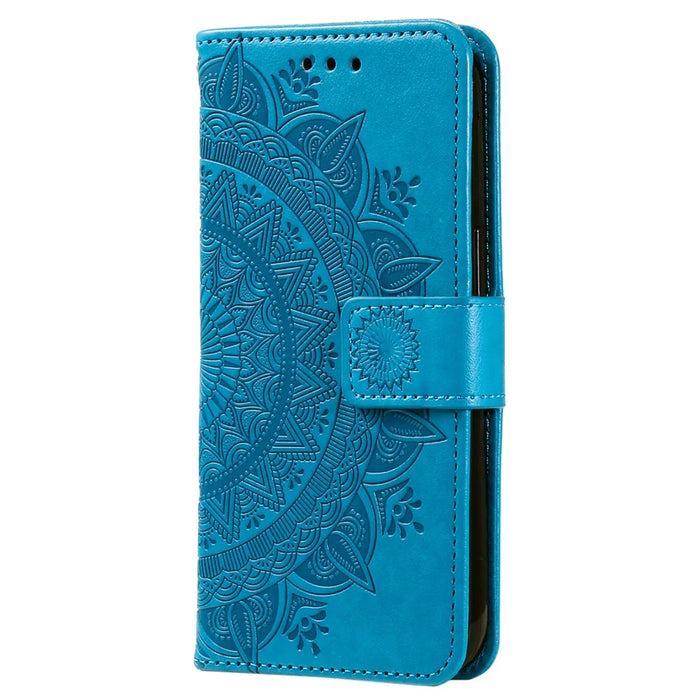 For Samsung Galaxy S24 Leather Case Mandala Flower Wallet Cover with Strap - Blue - 5