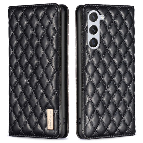 BINFEN COLOR BF Style-16 For Samsung Galaxy S25 / S24 Case PU Leather Rhombus Design Phone Cover - Black - 1
