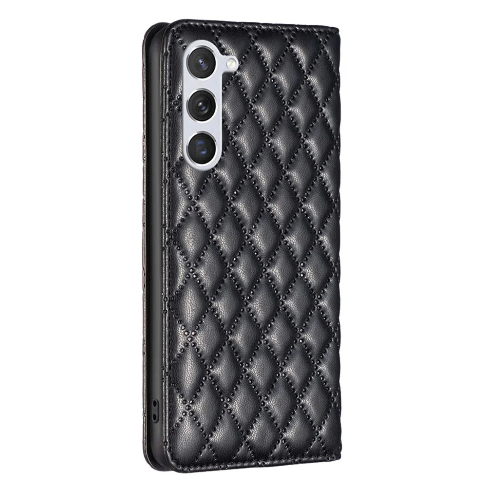BINFEN COLOR BF Style-16 For Samsung Galaxy S25 / S24 Case PU Leather Rhombus Design Phone Cover - Black - 6