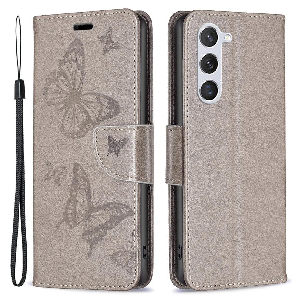 For Samsung Galaxy S25 / S24 Phone Case Butterfly Imprinted PU Leather Wallet Cover - Grey - 1