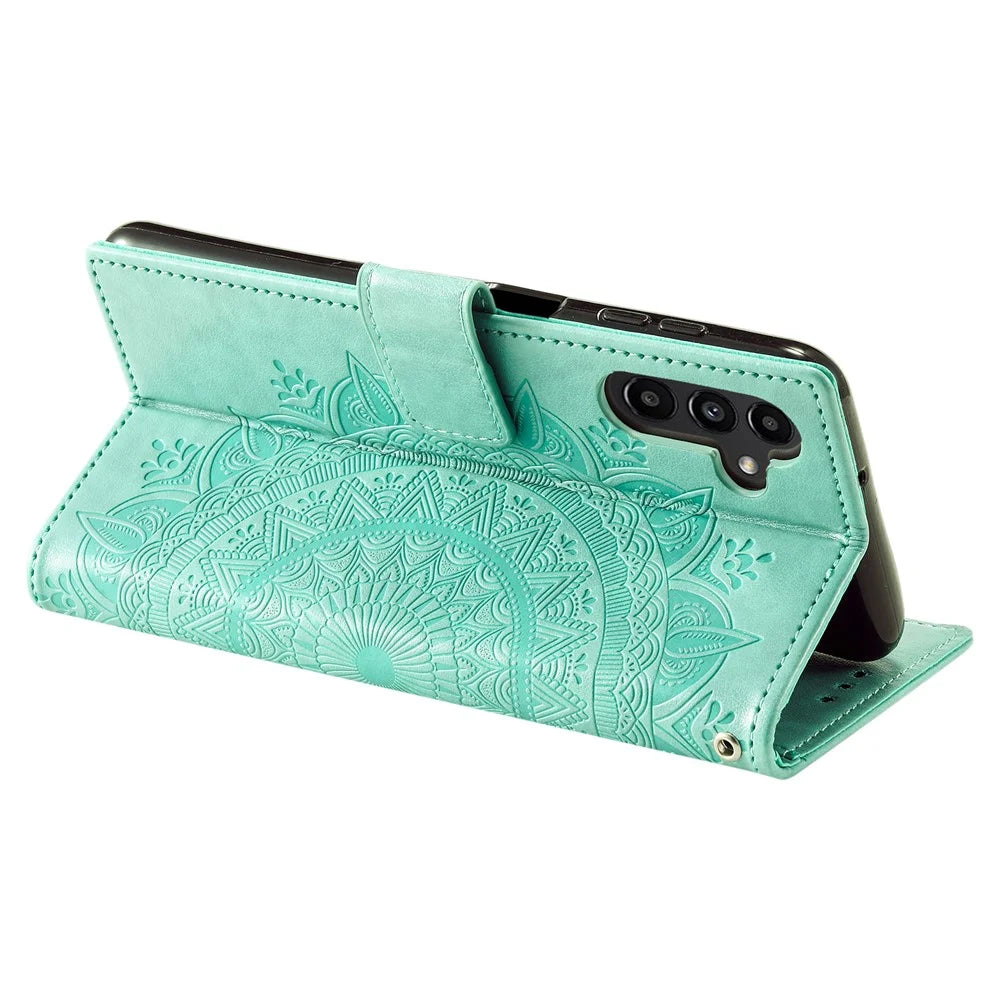For Samsung Galaxy S24+ Case Mandala Flower Wallet Phone Cover with Strap - Green - 4