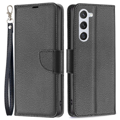 For Samsung Galaxy S25 / S24 Wallet Case with Wrist Strap Litchi Texture Leather Phone Stand Cover - Black - 1