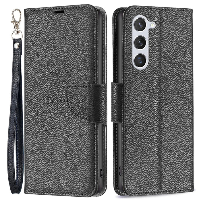 For Samsung Galaxy S25 / S24 Wallet Case with Wrist Strap Litchi Texture Leather Phone Stand Cover - Black - 1