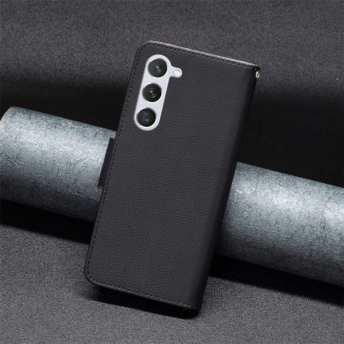 For Samsung Galaxy S25 / S24 Wallet Case with Wrist Strap Litchi Texture Leather Phone Stand Cover - Black - 6
