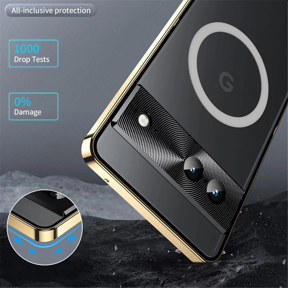 For Google Pixel 8 Case Metal Frame Magnetic Cover Magnetic Case - Gold - 7