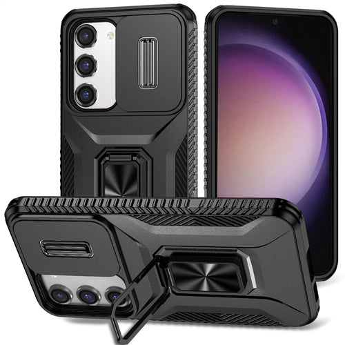For Samsung Galaxy S23 Case Slide Lens Lid PC+TPU Phone Kickstand Cover - Black - 1