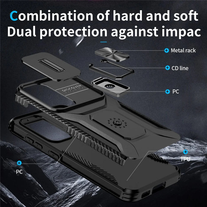 For Samsung Galaxy S23 Case Slide Lens Lid PC+TPU Phone Kickstand Cover - Black - 3