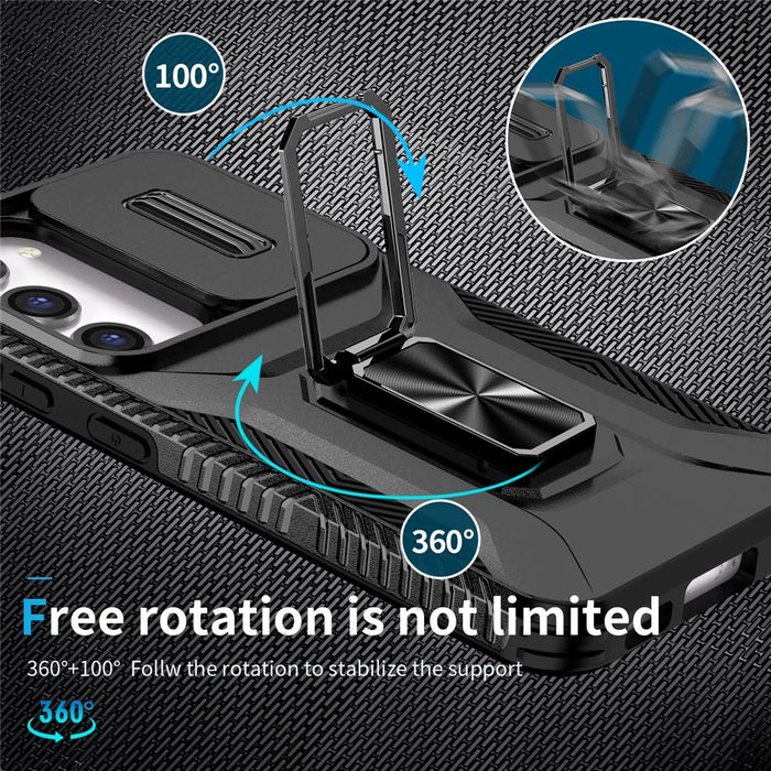 For Samsung Galaxy S23 Case Slide Lens Lid PC+TPU Phone Kickstand Cover - Black - 4