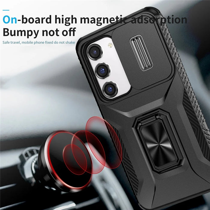 For Samsung Galaxy S23 Case Slide Lens Lid PC+TPU Phone Kickstand Cover - Black - 6