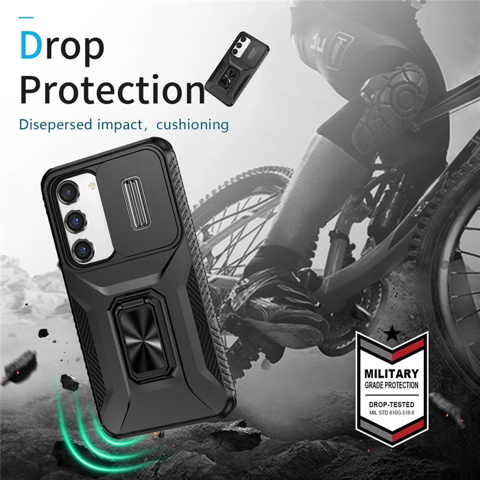 For Samsung Galaxy S23 Case Slide Lens Lid PC+TPU Phone Kickstand Cover - Black - 7