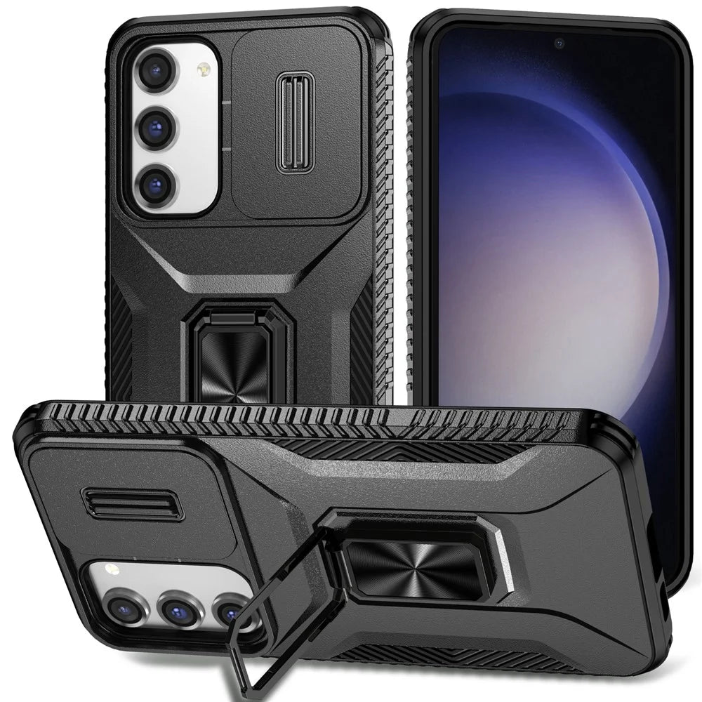 For Samsung Galaxy S23+ Case Slide Lens Lid Anti-scratch PC+TPU Phone Kickstand Cover - Black - 1