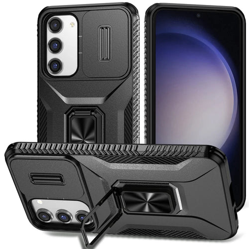 For Samsung Galaxy S23+ Case Slide Lens Lid Anti-scratch PC+TPU Phone Kickstand Cover - Black - 1