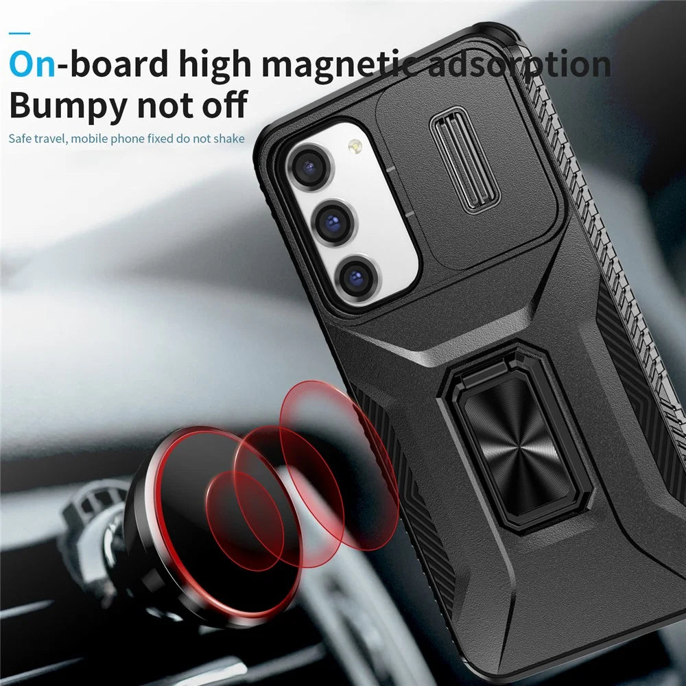 For Samsung Galaxy S23+ Case Slide Lens Lid Anti-scratch PC+TPU Phone Kickstand Cover - Black - 6