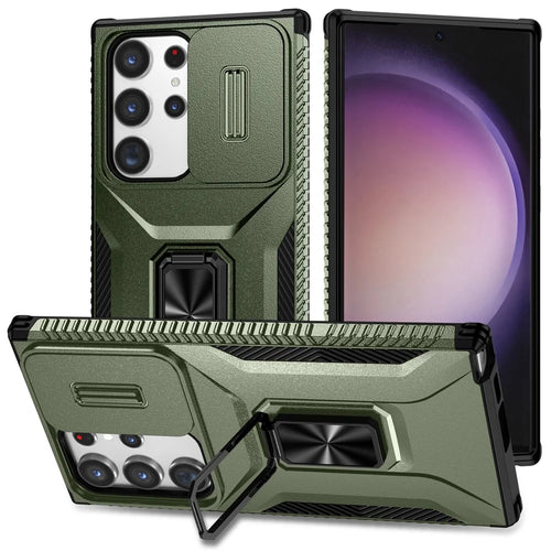 For Samsung Galaxy S23 Ultra Case Slide Lens Lid PC+TPU Phone Cover Kickstand Shell - Green - 1