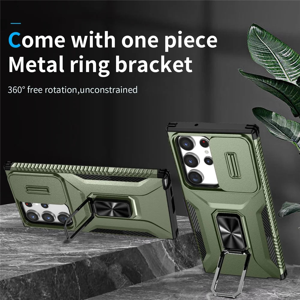 For Samsung Galaxy S23 Ultra Case Slide Lens Lid PC+TPU Phone Cover Kickstand Shell - Green - 2