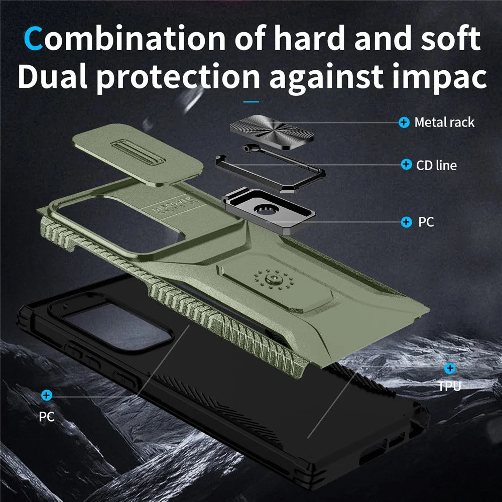 For Samsung Galaxy S23 Ultra Case Slide Lens Lid PC+TPU Phone Cover Kickstand Shell - Green - 3