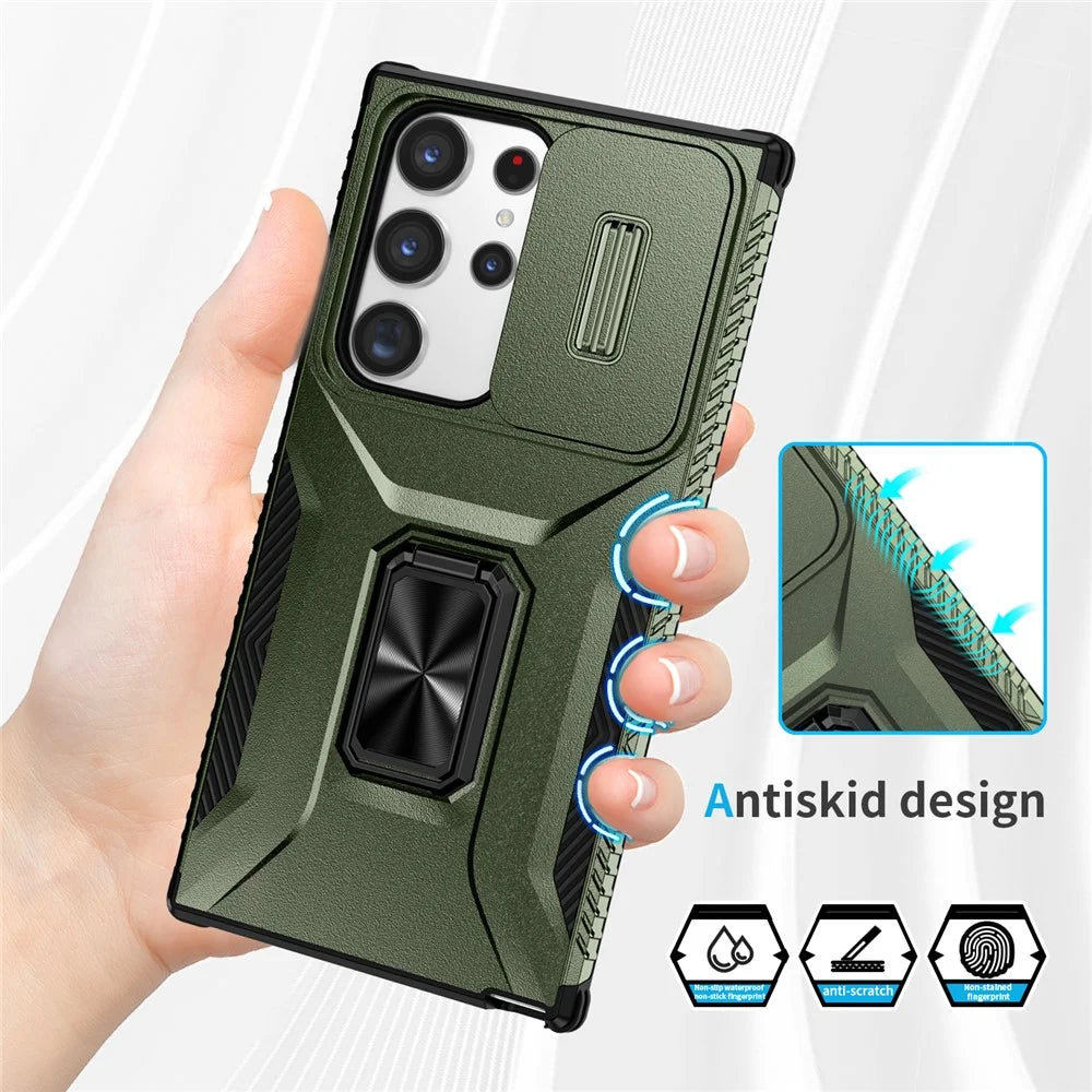 For Samsung Galaxy S23 Ultra Case Slide Lens Lid PC+TPU Phone Cover Kickstand Shell - Green - 5