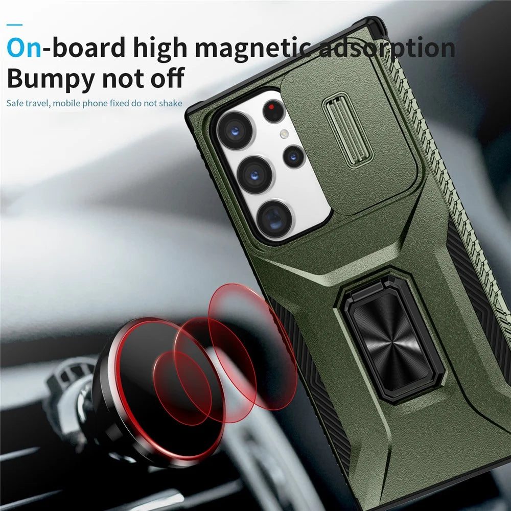 For Samsung Galaxy S23 Ultra Case Slide Lens Lid PC+TPU Phone Cover Kickstand Shell - Green - 6