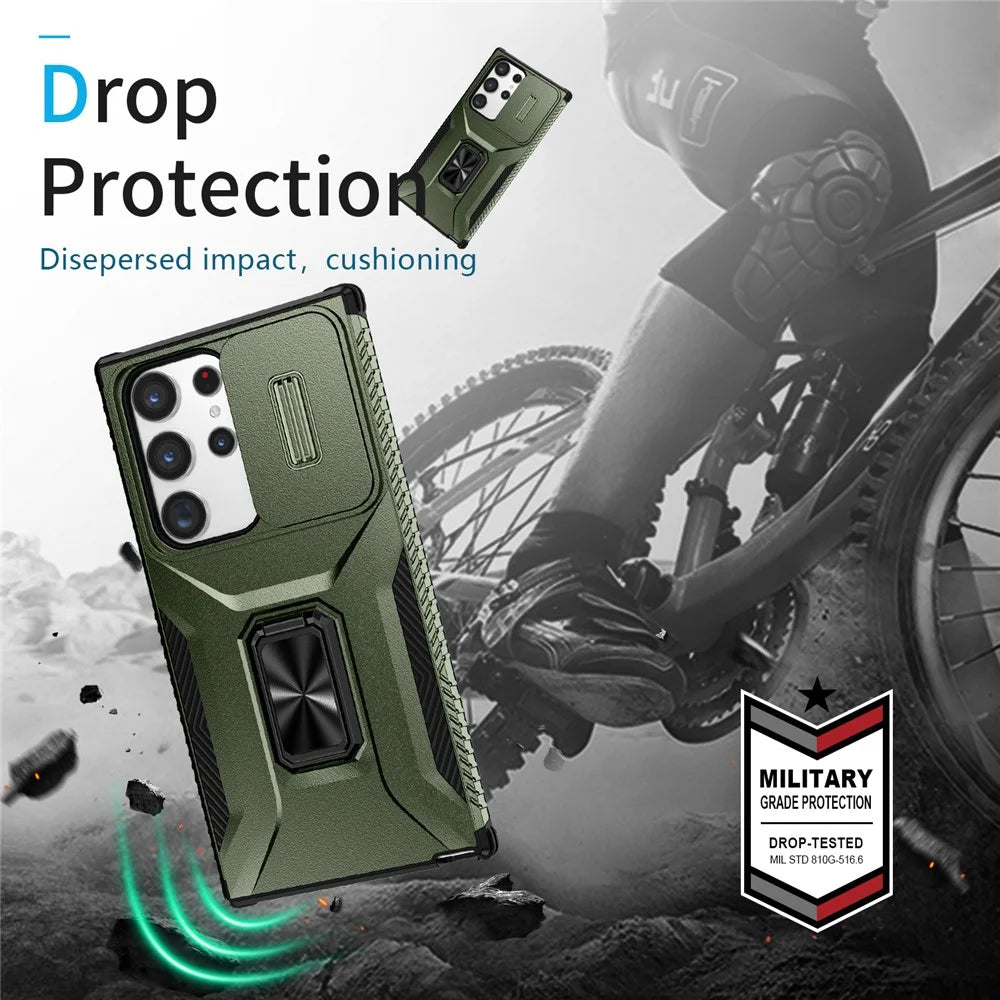 For Samsung Galaxy S23 Ultra Case Slide Lens Lid PC+TPU Phone Cover Kickstand Shell - Green - 7
