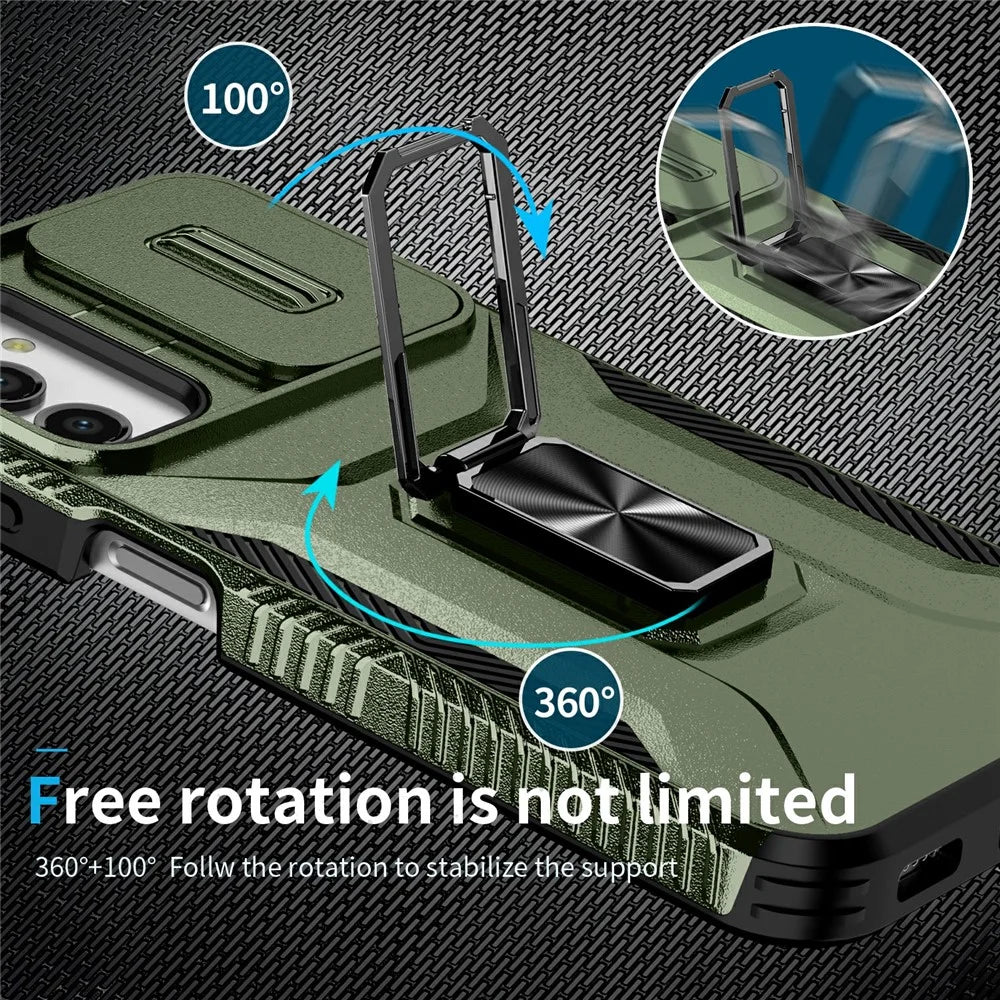For Samsung Galaxy A14 4G / 5G Case Slide Lens Lid PC+TPU Phone Cover Kickstand Anti-drop Shell - Green - 4