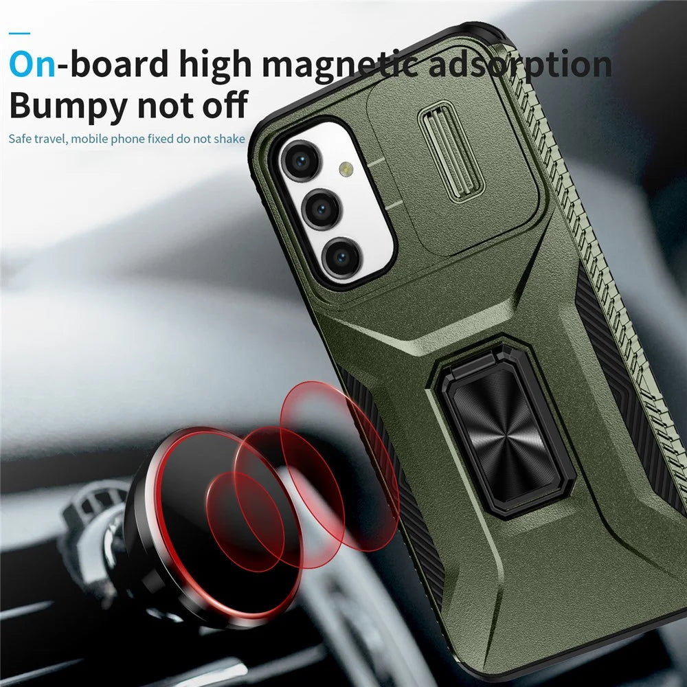 For Samsung Galaxy A14 4G / 5G Case Slide Lens Lid PC+TPU Phone Cover Kickstand Anti-drop Shell - Green - 6