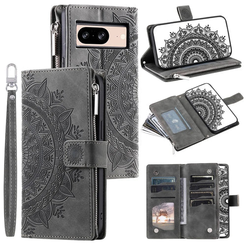 For Google Pixel 8 Case Magnetic PU Leather Wallet Phone Cover with Strap - Grey - 1