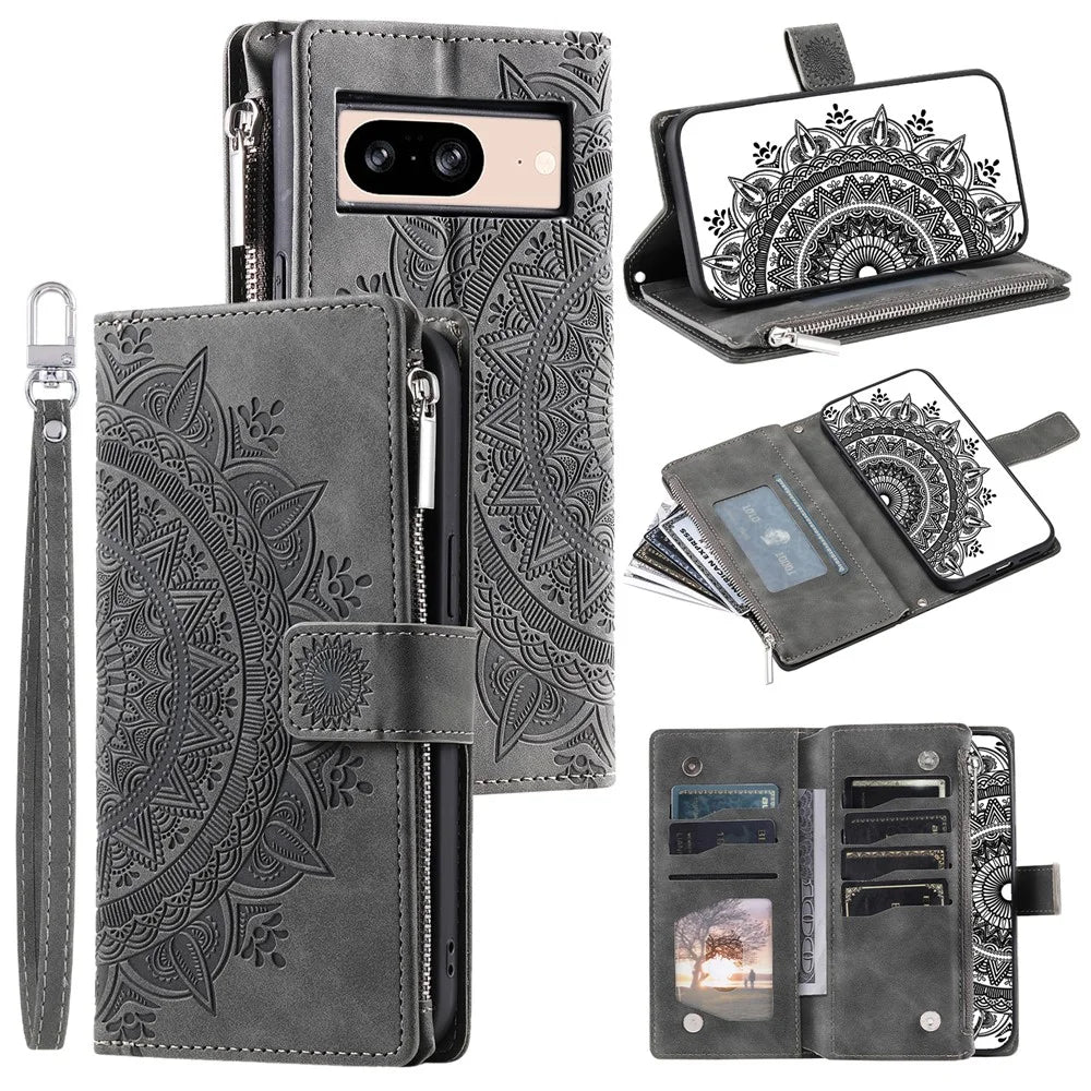For Google Pixel 8 Case Magnetic PU Leather Wallet Phone Cover with Strap - Grey - 1