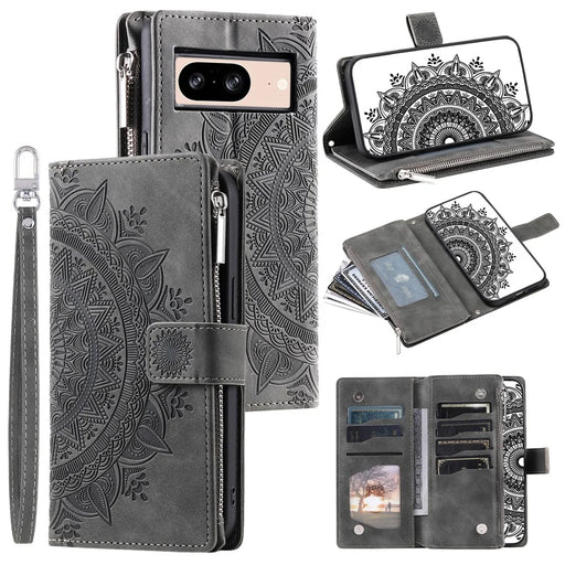 For Google Pixel 8 Case Magnetic PU Leather Wallet Phone Cover with Strap - Grey - 1