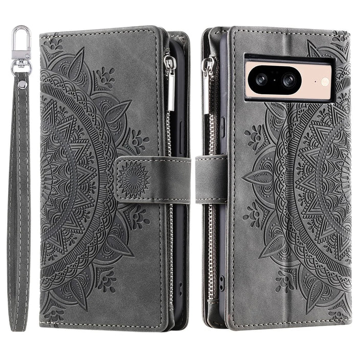 For Google Pixel 8 Case Magnetic PU Leather Wallet Phone Cover with Strap - Grey - 6