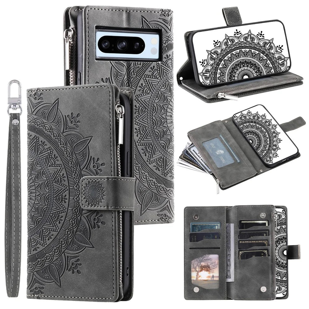 For Google Pixel 8 Pro Case Slim-Fit Phone Shell Leather Wallet Imprinted Phone Cover with Strap - Grey - 1