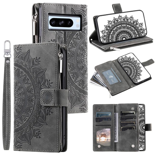 For Google Pixel 8 Pro Case Slim-Fit Phone Shell Leather Wallet Imprinted Phone Cover with Strap - Grey - 1