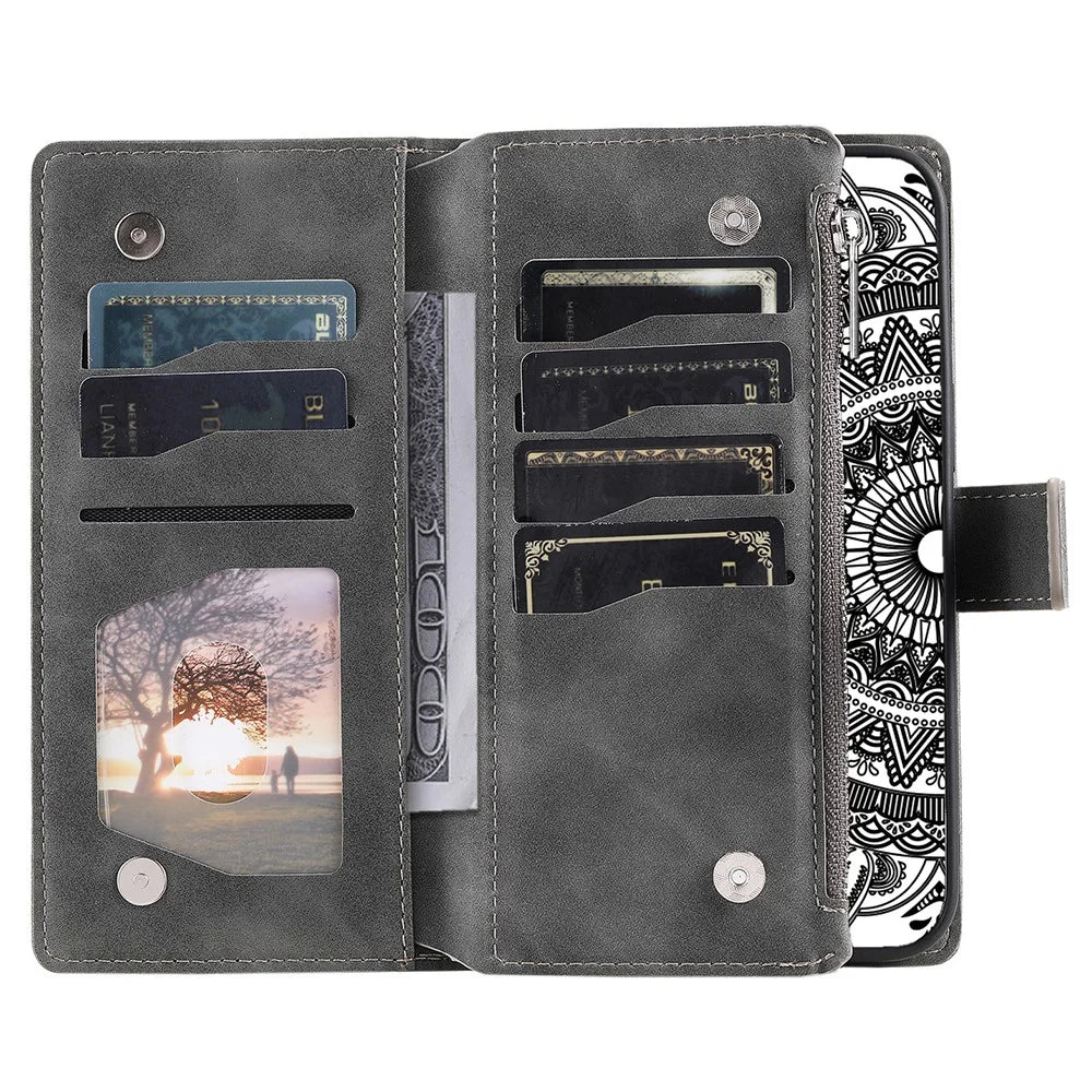 For Google Pixel 8 Pro Case Slim-Fit Phone Shell Leather Wallet Imprinted Phone Cover with Strap - Grey - 2