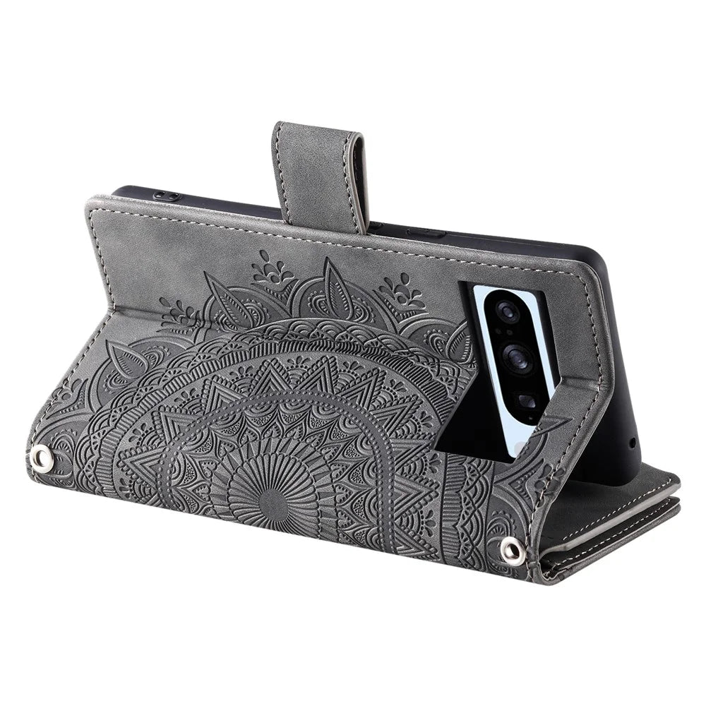 For Google Pixel 8 Pro Case Slim-Fit Phone Shell Leather Wallet Imprinted Phone Cover with Strap - Grey - 4