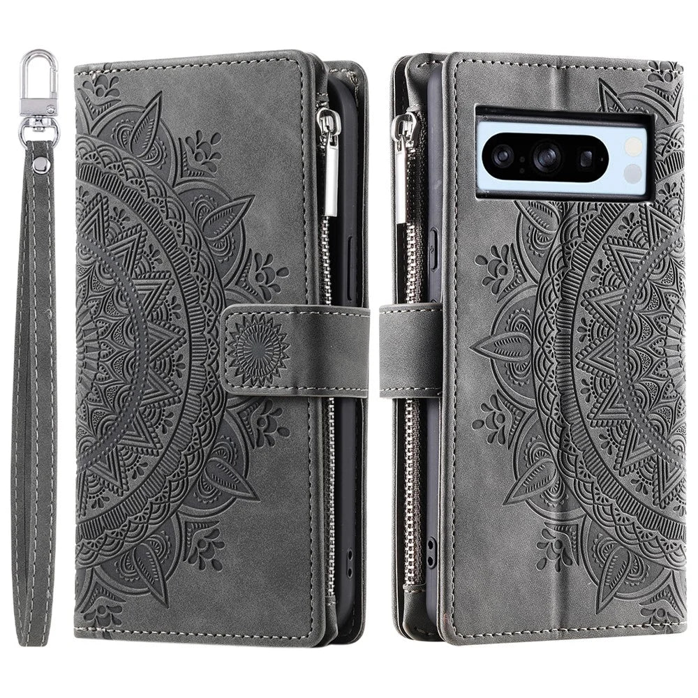 For Google Pixel 8 Pro Case Slim-Fit Phone Shell Leather Wallet Imprinted Phone Cover with Strap - Grey - 6