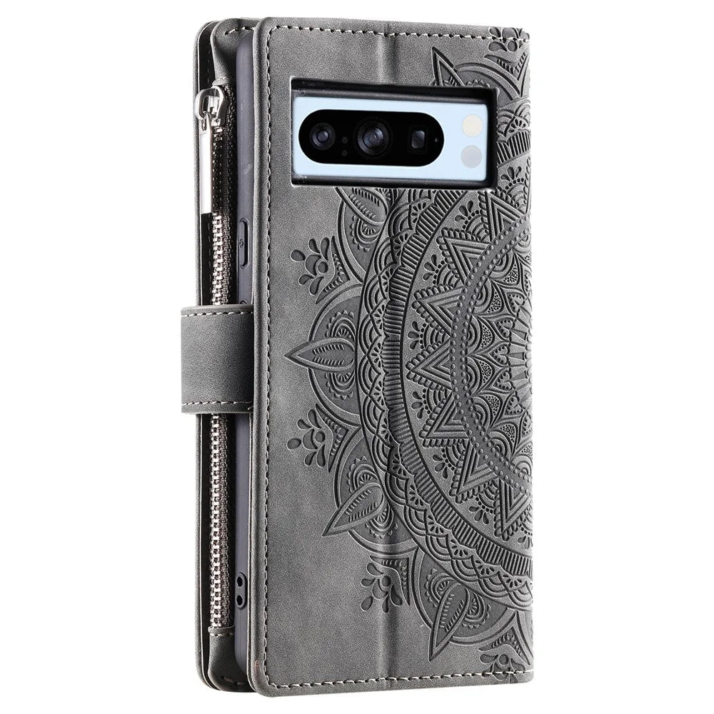 For Google Pixel 8 Pro Case Slim-Fit Phone Shell Leather Wallet Imprinted Phone Cover with Strap - Grey - 7