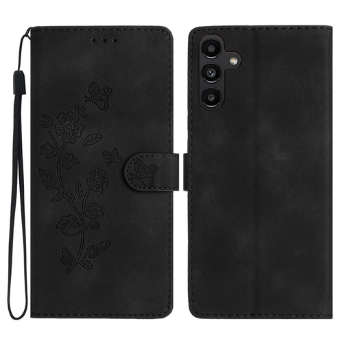 For Samsung Galaxy A15 4G Magnetic Phone Case Imprinted Flower Wallet PU Leather Stand Cover - Black - 1