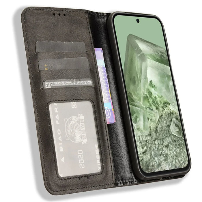 For Google Pixel 8a Phone Case Retro PU Leather Cell Phone Cover Wallet - Black - 2