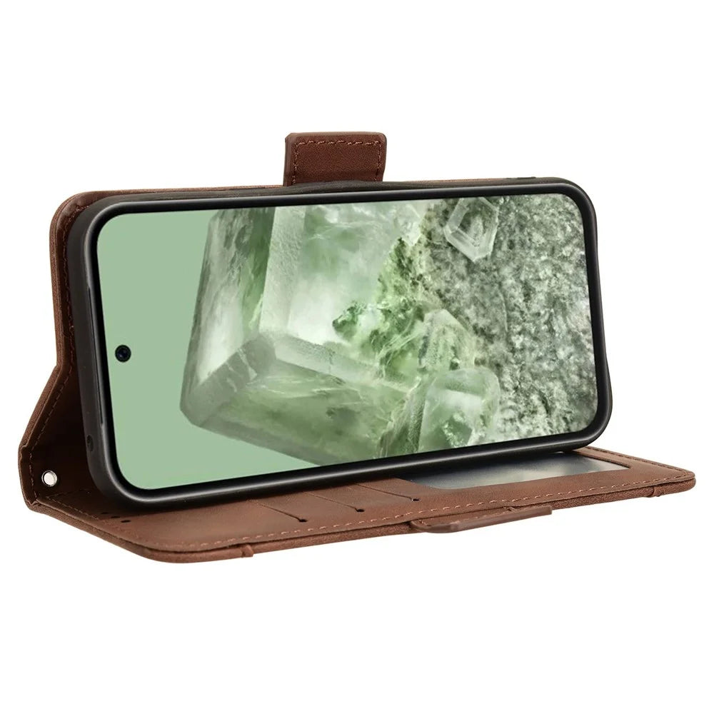 For Google Pixel 8a Slim-Fit Cover Leather Phone Case Wallet Stand Shell - Brown - 3