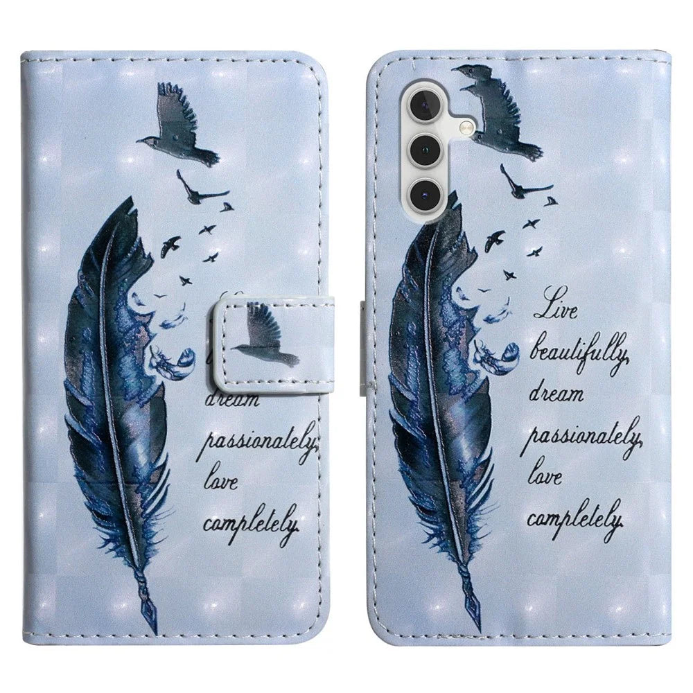For Samsung Galaxy A15 5G Case Leather Anti-Drop 3D Pattern Printing Phone Cover - Blue Feather - 1
