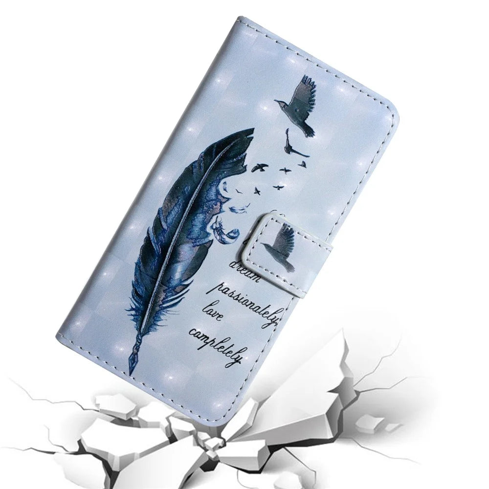 For Samsung Galaxy A15 5G Case Leather Anti-Drop 3D Pattern Printing Phone Cover - Blue Feather - 6