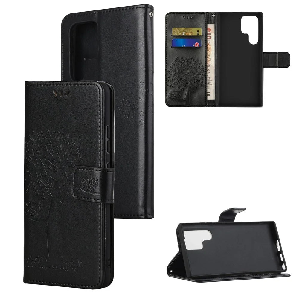 For Samsung Galaxy S24 Ultra Case Owl Tree Imprinted PU Leather Phone Wallet Cover - Black - 6