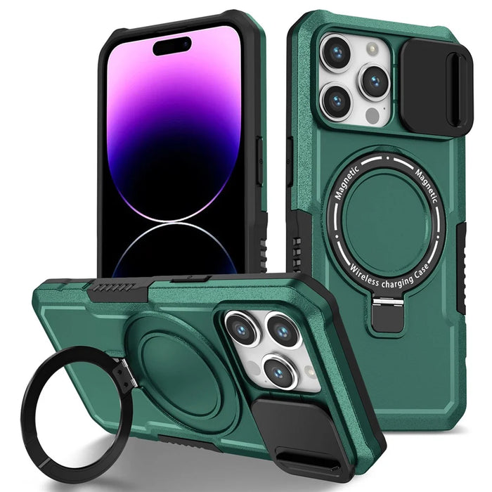For iPhone 14 Pro Max Case Lens Protection Kickstand Magnetic Phone Cover - Blackish Green - 1