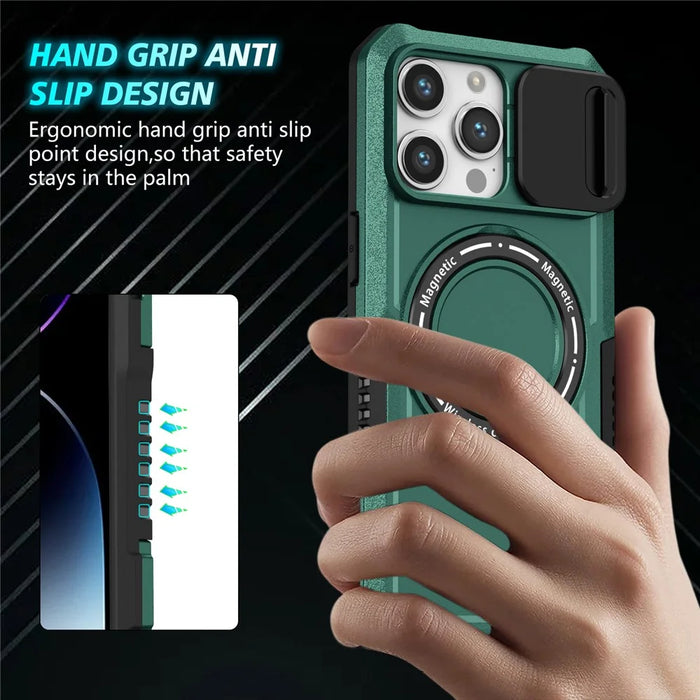 For iPhone 14 Pro Max Case Lens Protection Kickstand Magnetic Phone Cover - Blackish Green - 2