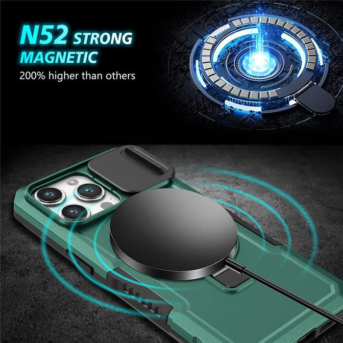 For iPhone 14 Pro Max Case Lens Protection Kickstand Magnetic Phone Cover - Blackish Green - 5