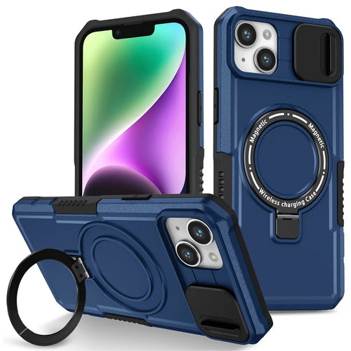 For iPhone 14 Case Kickstand Magnetic Phone Protector with Sliding Lens Cover - Sapphire - 1