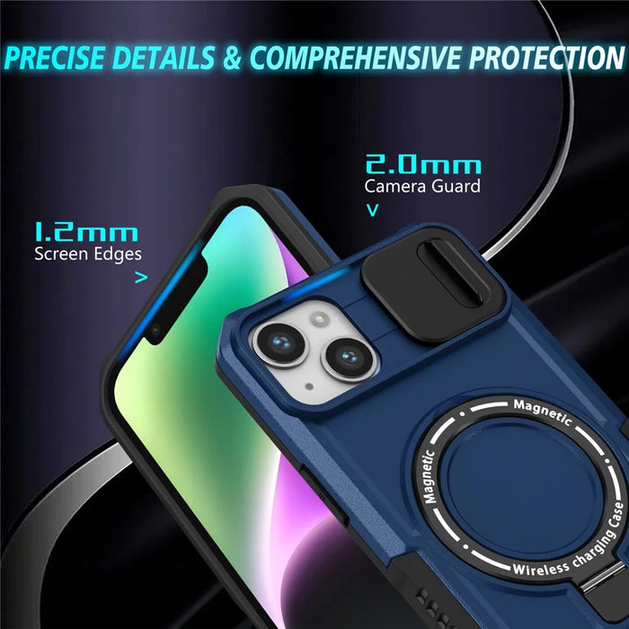 For iPhone 14 Case Kickstand Magnetic Phone Protector with Sliding Lens Cover - Sapphire - 3