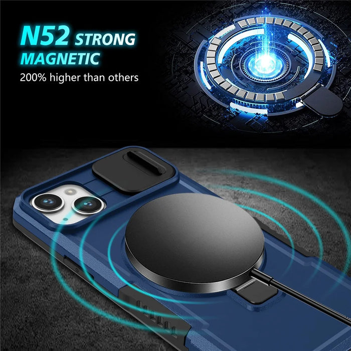 For iPhone 14 Case Kickstand Magnetic Phone Protector with Sliding Lens Cover - Sapphire - 4