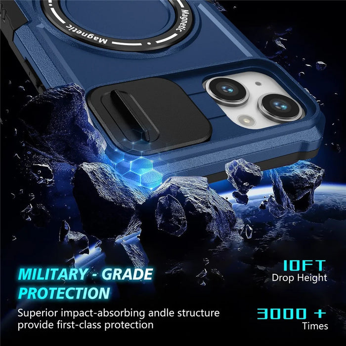 For iPhone 14 Case Kickstand Magnetic Phone Protector with Sliding Lens Cover - Sapphire - 5